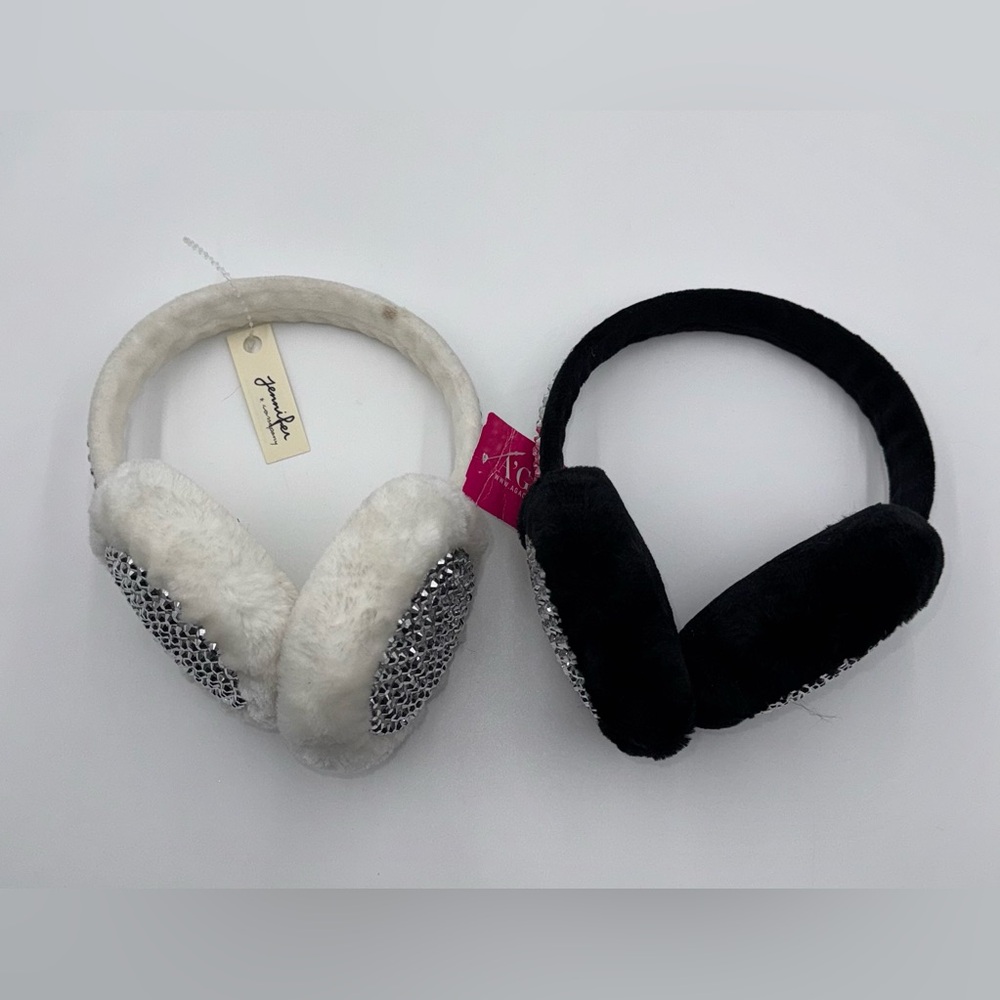 Lot of 2 A’GACI Faux Fur Earmuffs w/Rhinestones; Black/White; NWT/New